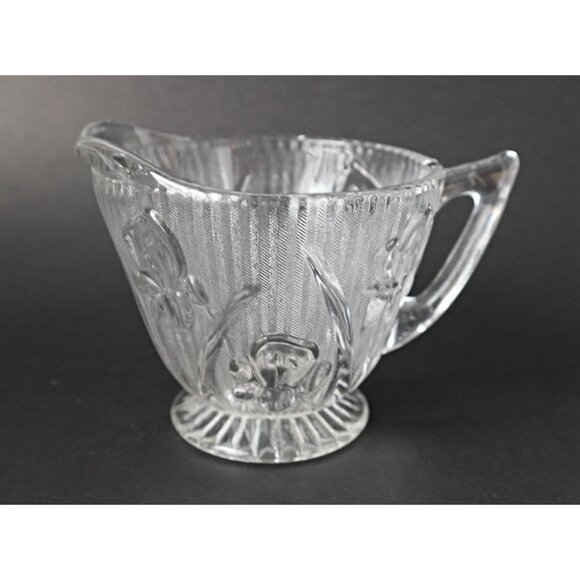 Depression Glass Iris And Herringbone Cream and Sugar with Lid Jeanette  1930's - Picture 3 of 7